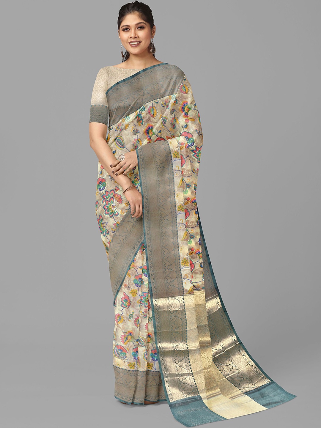 

The Chennai Silks Floral Woven Design Organza Zari Banarasi Saree, Cream