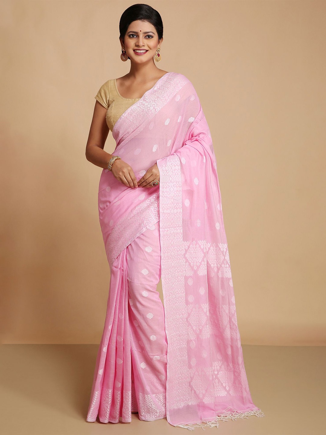 

WoodenTant Ethnic Motifs Woven Design Zari Pure Cotton Khadi Saree, Pink