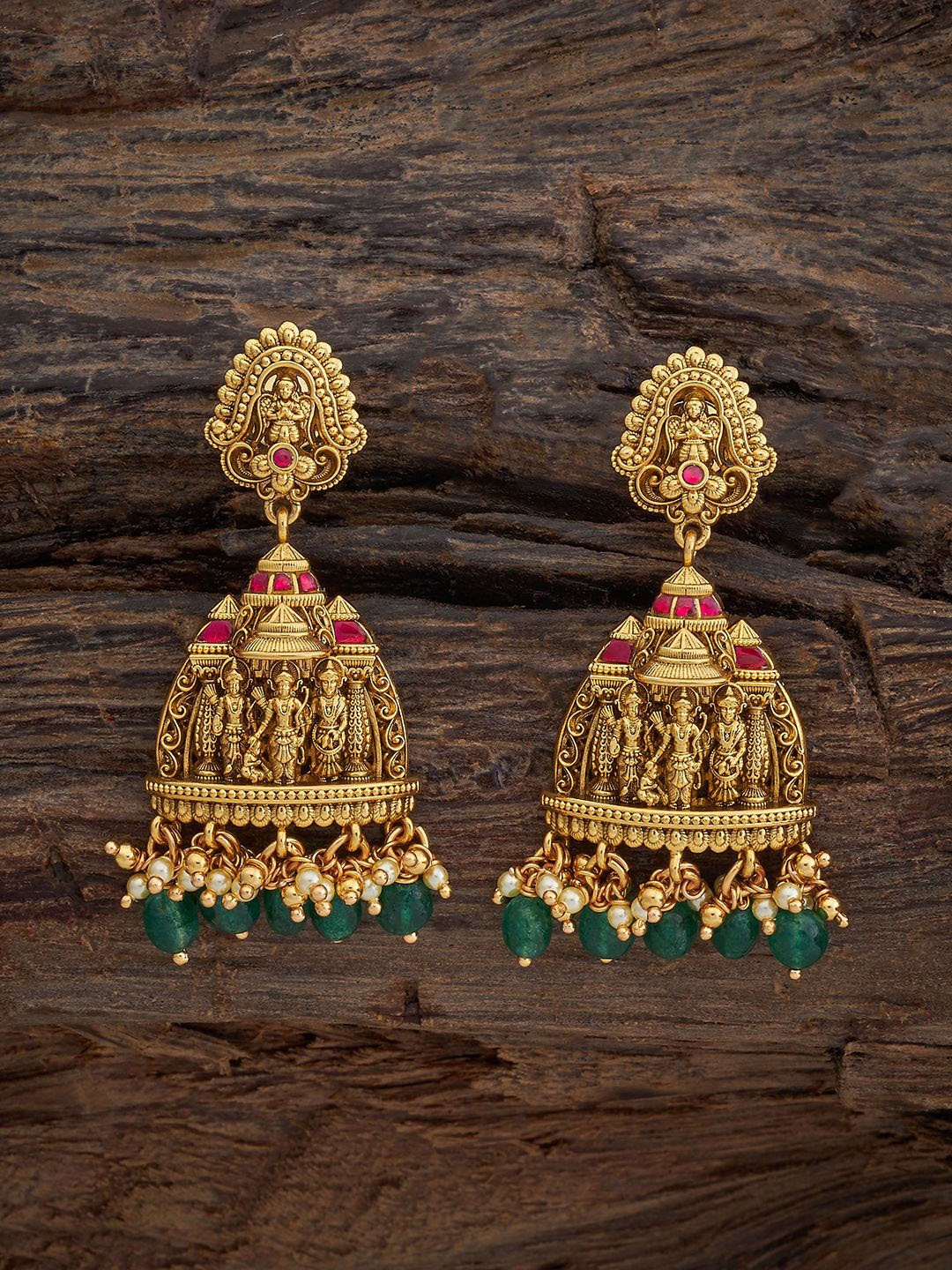 

Kushal's Fashion Jewellery 92.5 Pure Silver Gold-Plated Stone Studded Temple Jhumkas