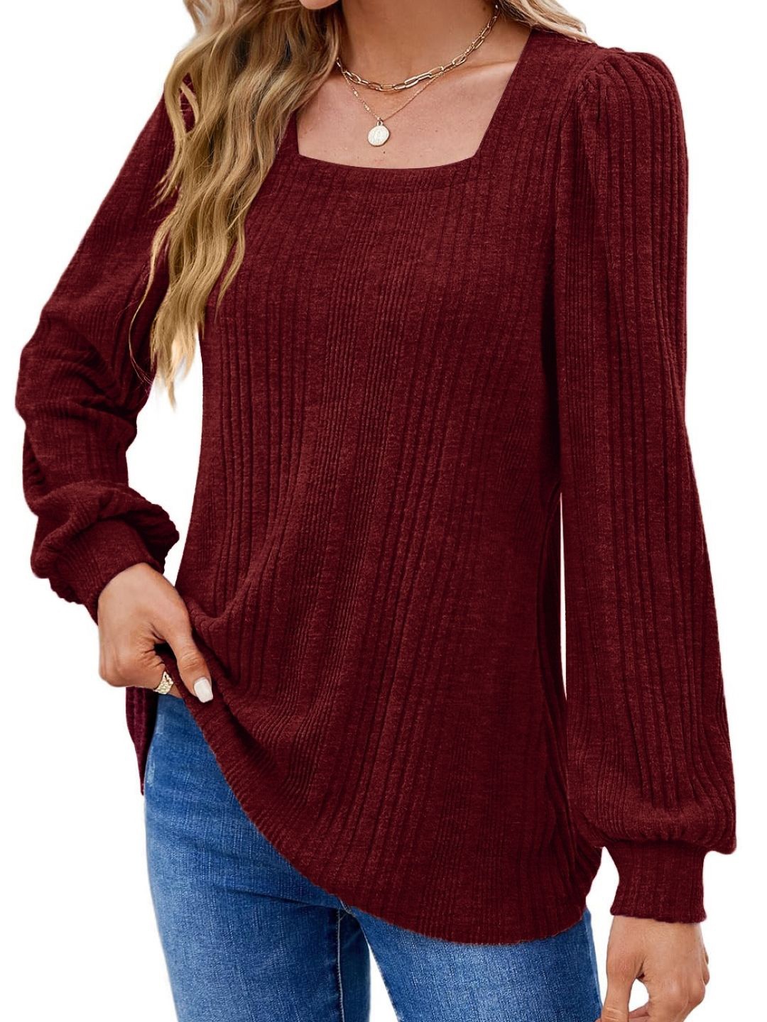

KPOP Women Self Design Square Neck Top, Maroon