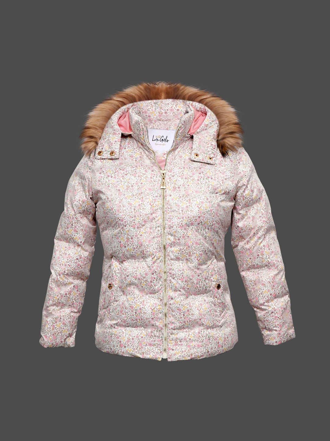 

LURE JUNIOR Girls Floral Printed Hooded Puffer Jacket With Faux Fur Detailed, Pink