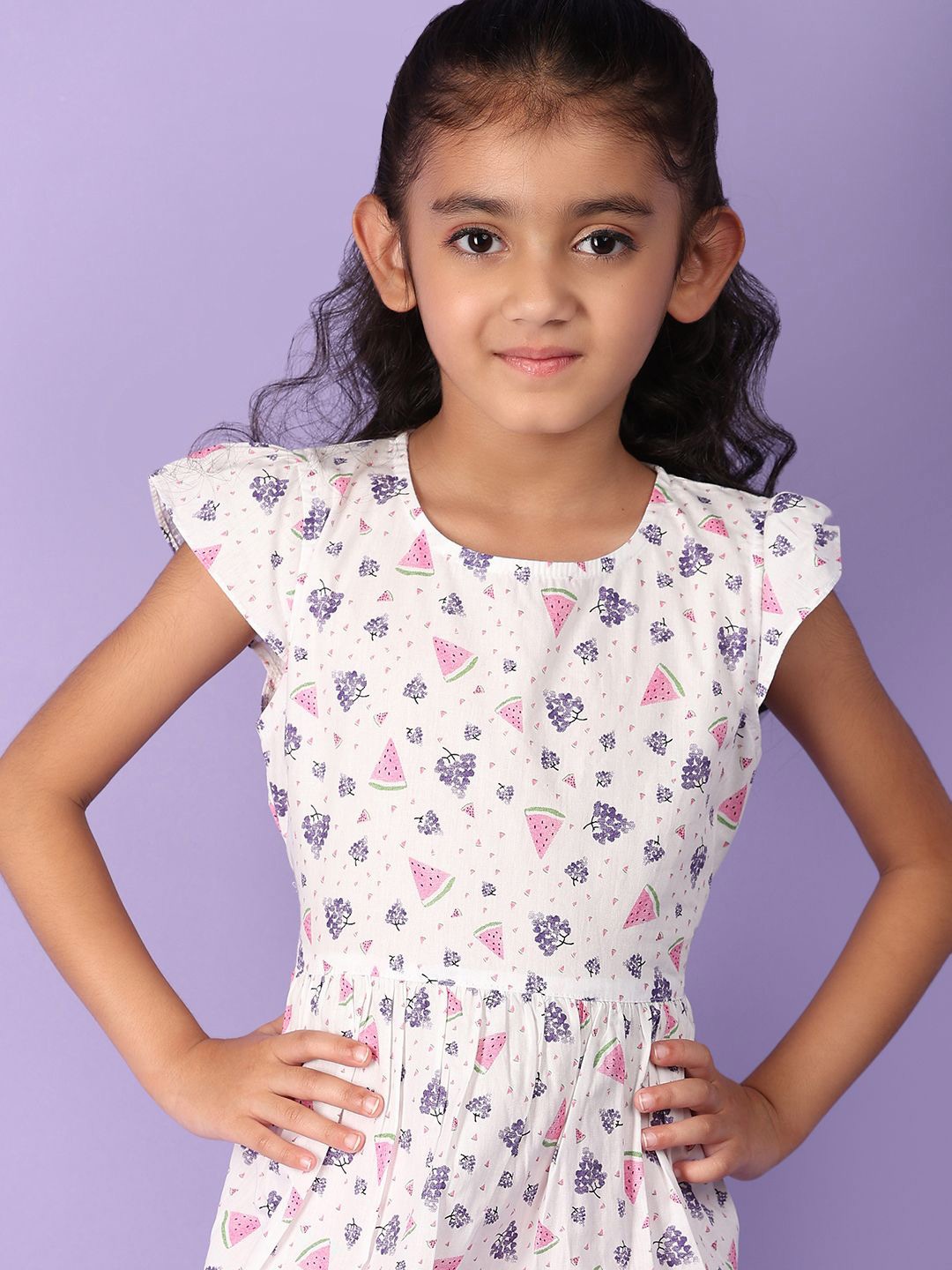 

V-Mart Girls Printed Round Neck Cap Sleeves Cotton Fit & Flare Knee Length Dress, White