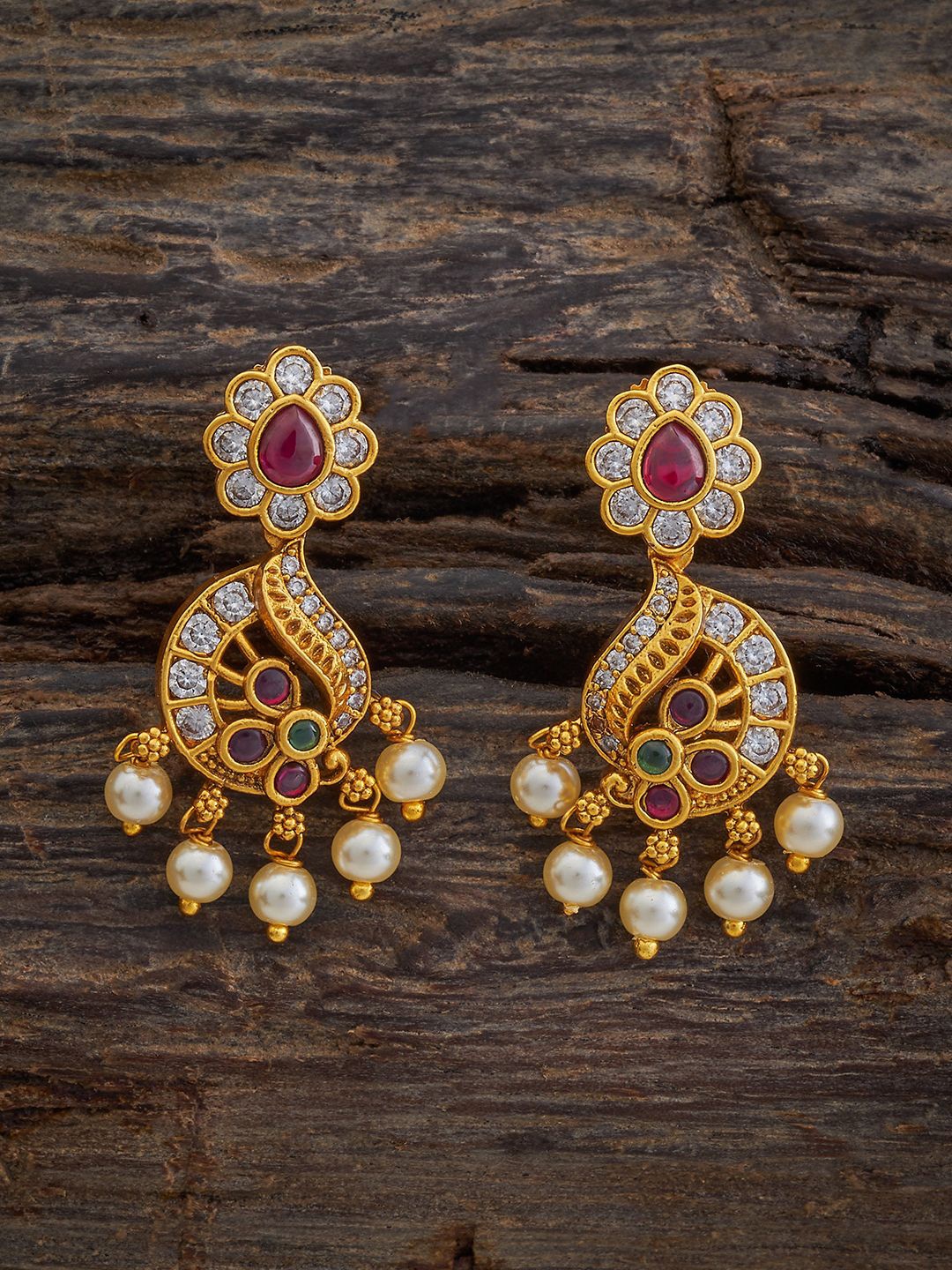 

Kushal's Fashion Jewellery Gold-Plated Stone Studded Floral Drop Earrings