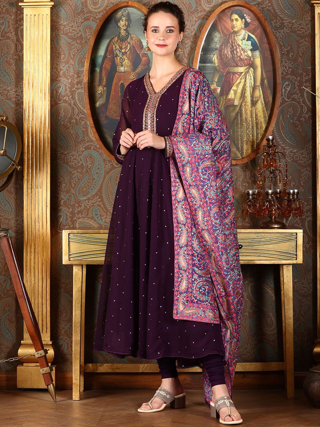 

WISHFUL Women Floral Embroidered Regular Beads and Stones Kurta with Churidar & With Dupatta, Purple