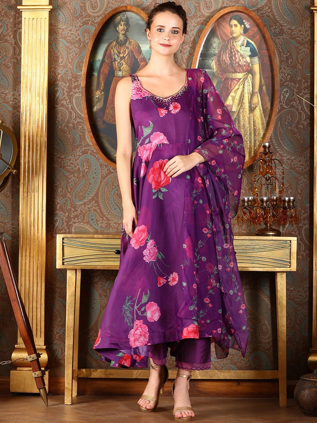 

W Women Floral Printed Regular Kurta with Trousers & With Dupatta, Purple