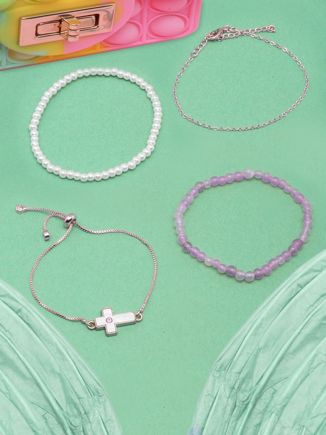 

KPOP Set Of 4 Brass Rose Gold-Plated Beaded Charm Bracelet