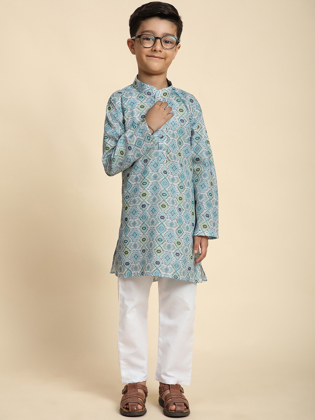 

Pro-Ethic STYLE DEVELOPER Boys Printed Pure Cotton Straight Kurta with Pyjamas, Blue