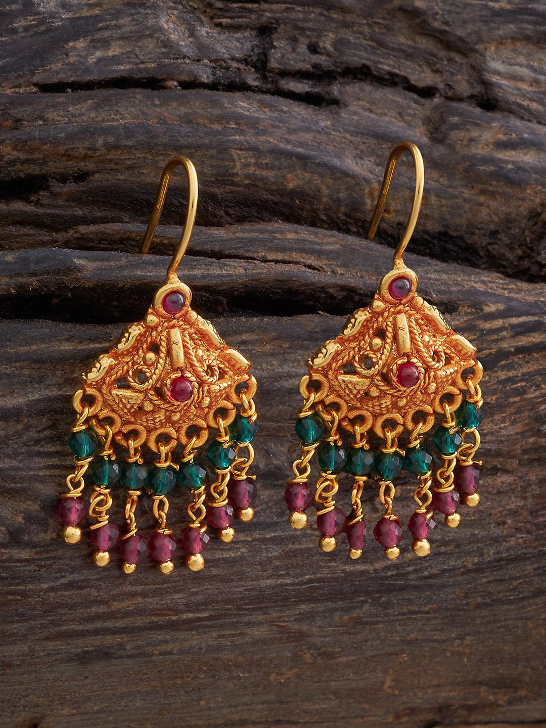 

Kushal's Fashion Jewellery Gold-Plated Ruby Studded & Beaded Drop Earrings