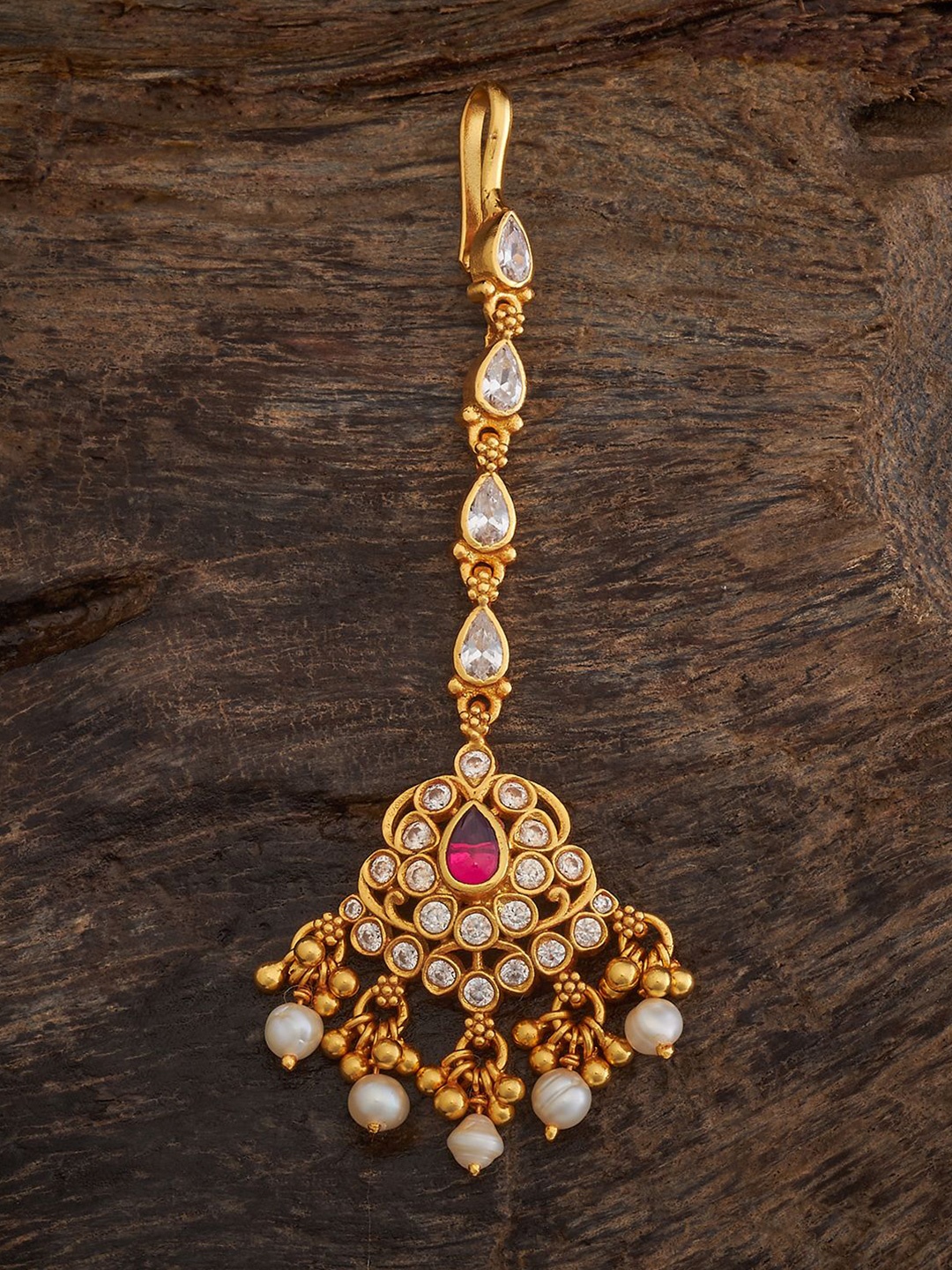 

Kushal's Fashion Jewellery 92.5 Pure Silver Gold-Plated Stone Studded Temple Maang Tikka