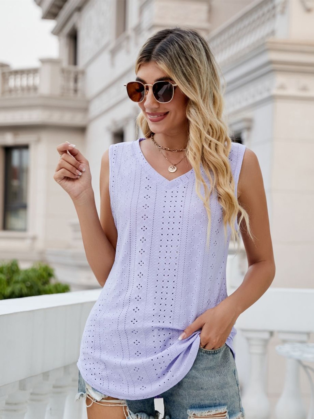

KPOP Women Self Design V-Neck Top, Lavender
