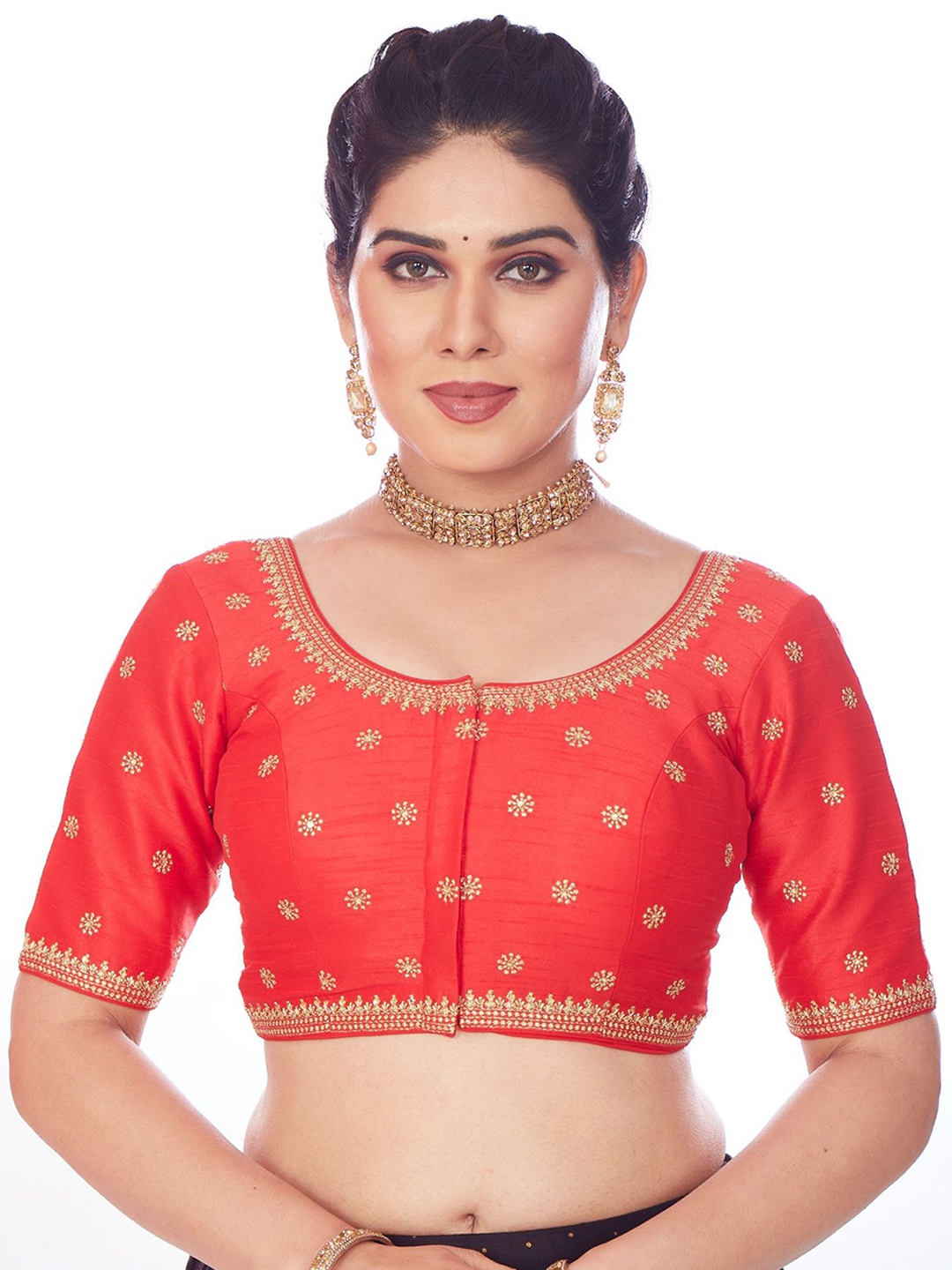 

Mmore Embroidered Padded Saree Blouse, Red