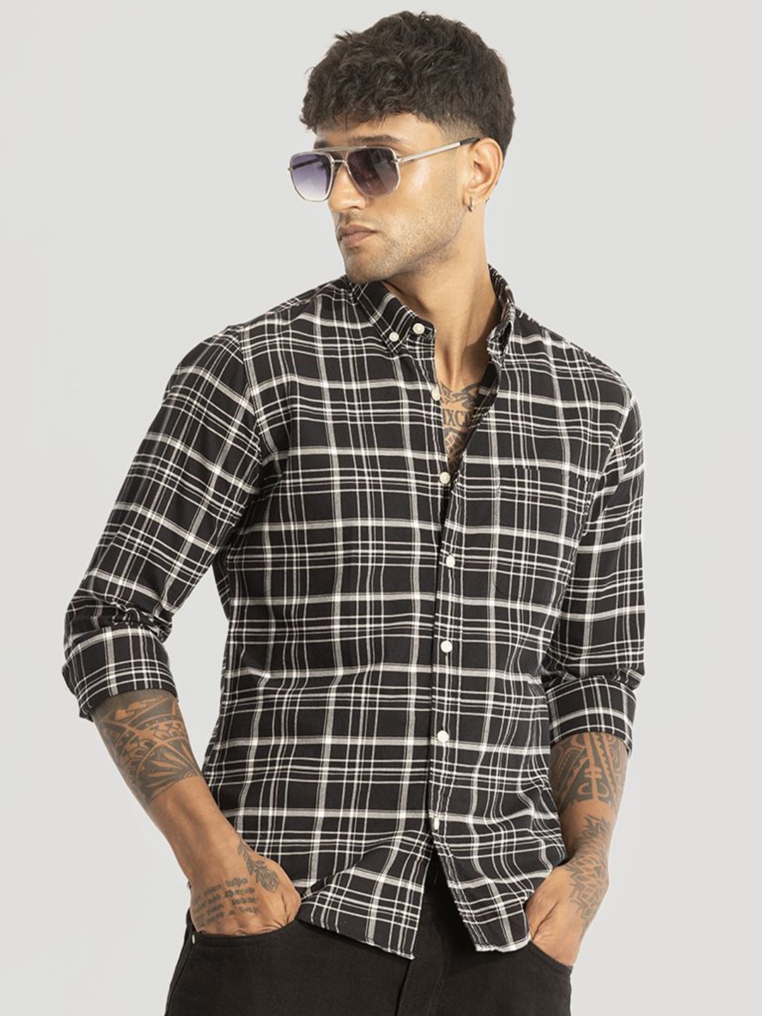 

Snitch Men Smart Slim Fit Opaque Checked Casual Shirt, Black
