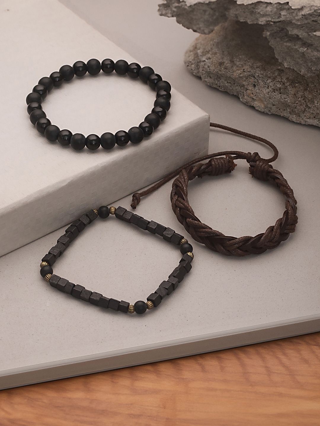

Jazz and Sizzle Men Set of 3 Beaded Elasticated Bracelet, Brown