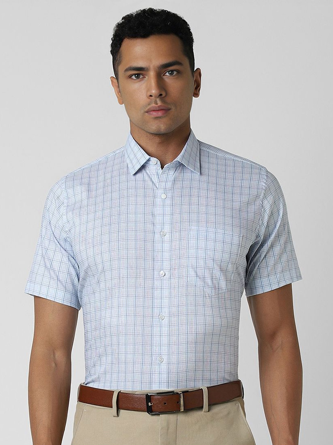 

Van Heusen Men Spread Collar Micro Checked Cotton Slim Fit Formal Shirt, Blue