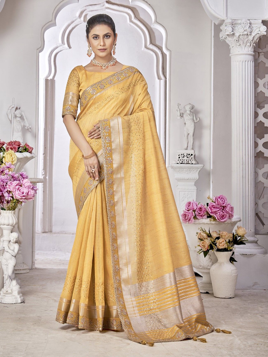 

Mitera Embellished Embroidered Linen Blend Saree, Yellow