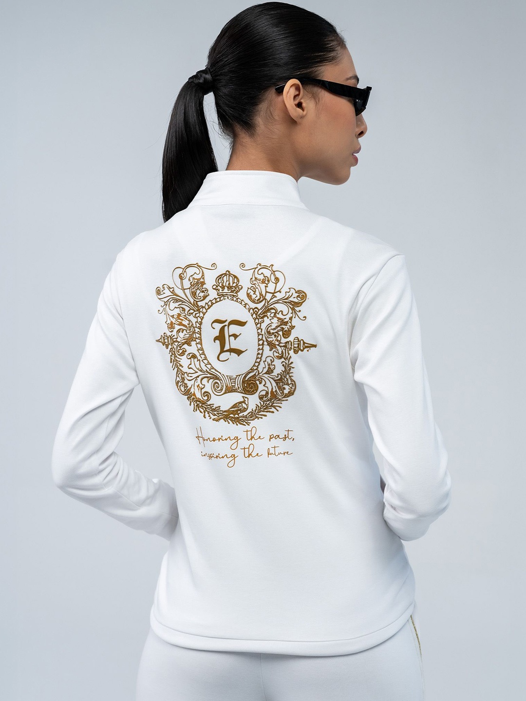 

EDRIO Women Graphic Printed Mock Collar Cotton Pullover Sweatshirt, White