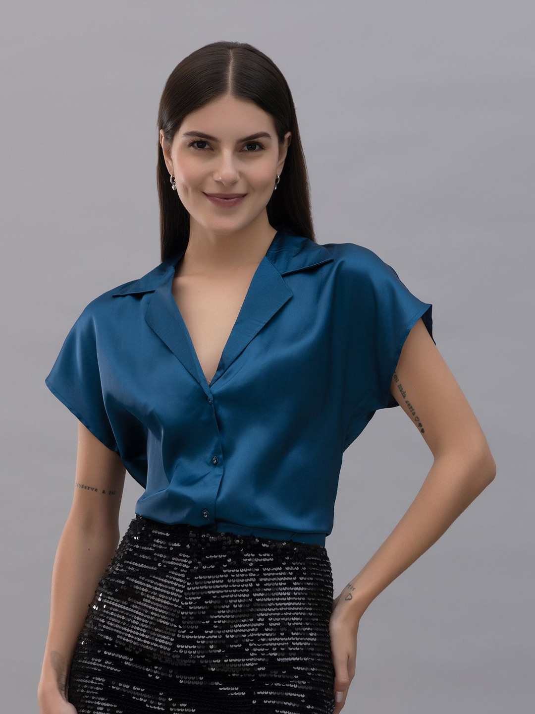 

PURYS WORKSPACE Women Classic Cuban Collar Solid Formal Shirt, Teal