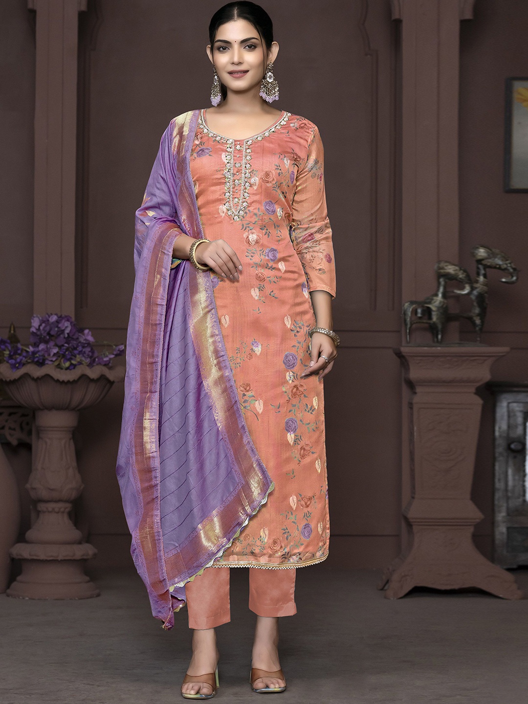 

MANVAA Floral Printed Beads & Stones Organza Unstitched Dress Material, Peach