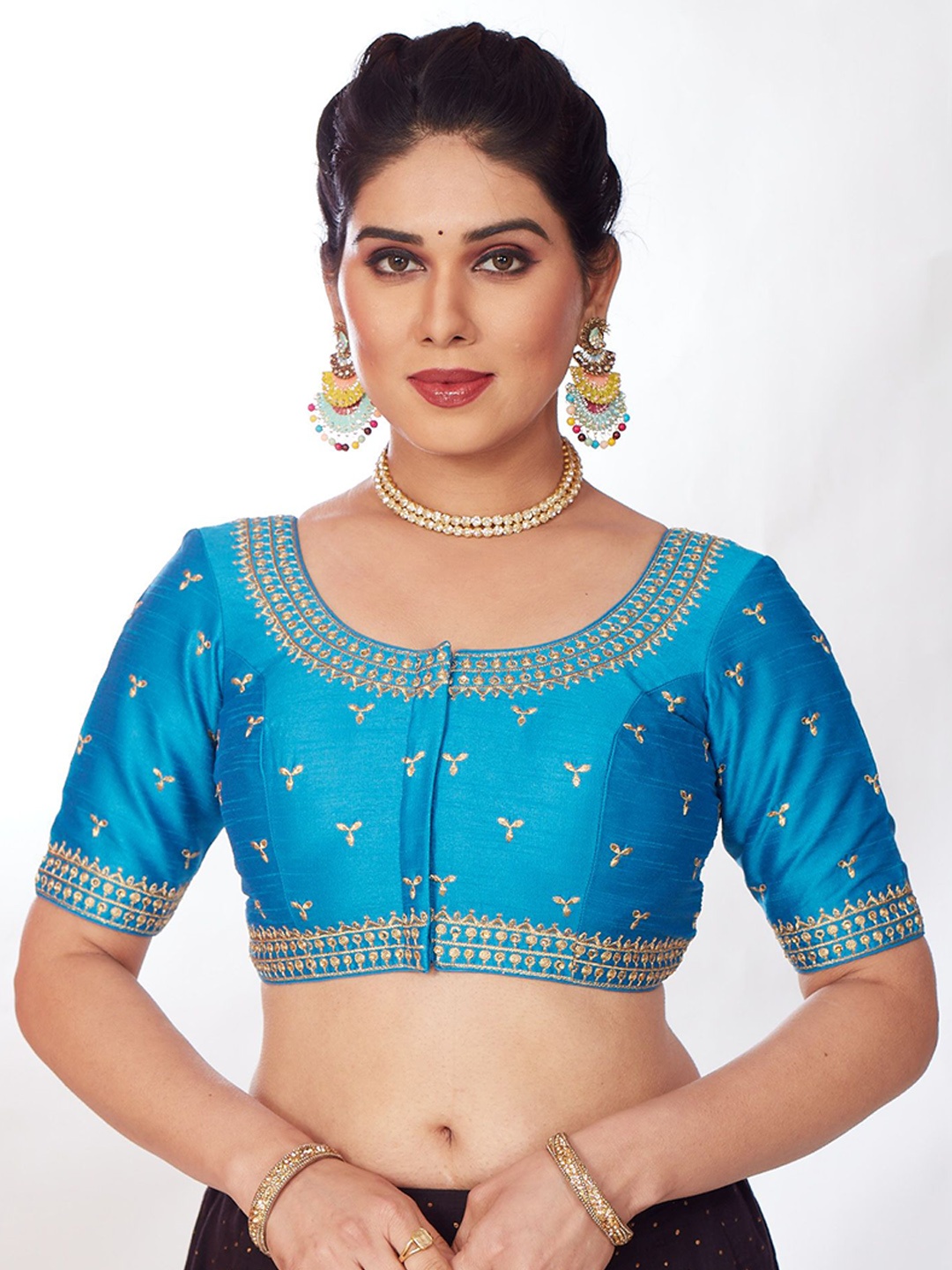 

Mmore Embroidered Readymade Padded Saree Blouse, Blue