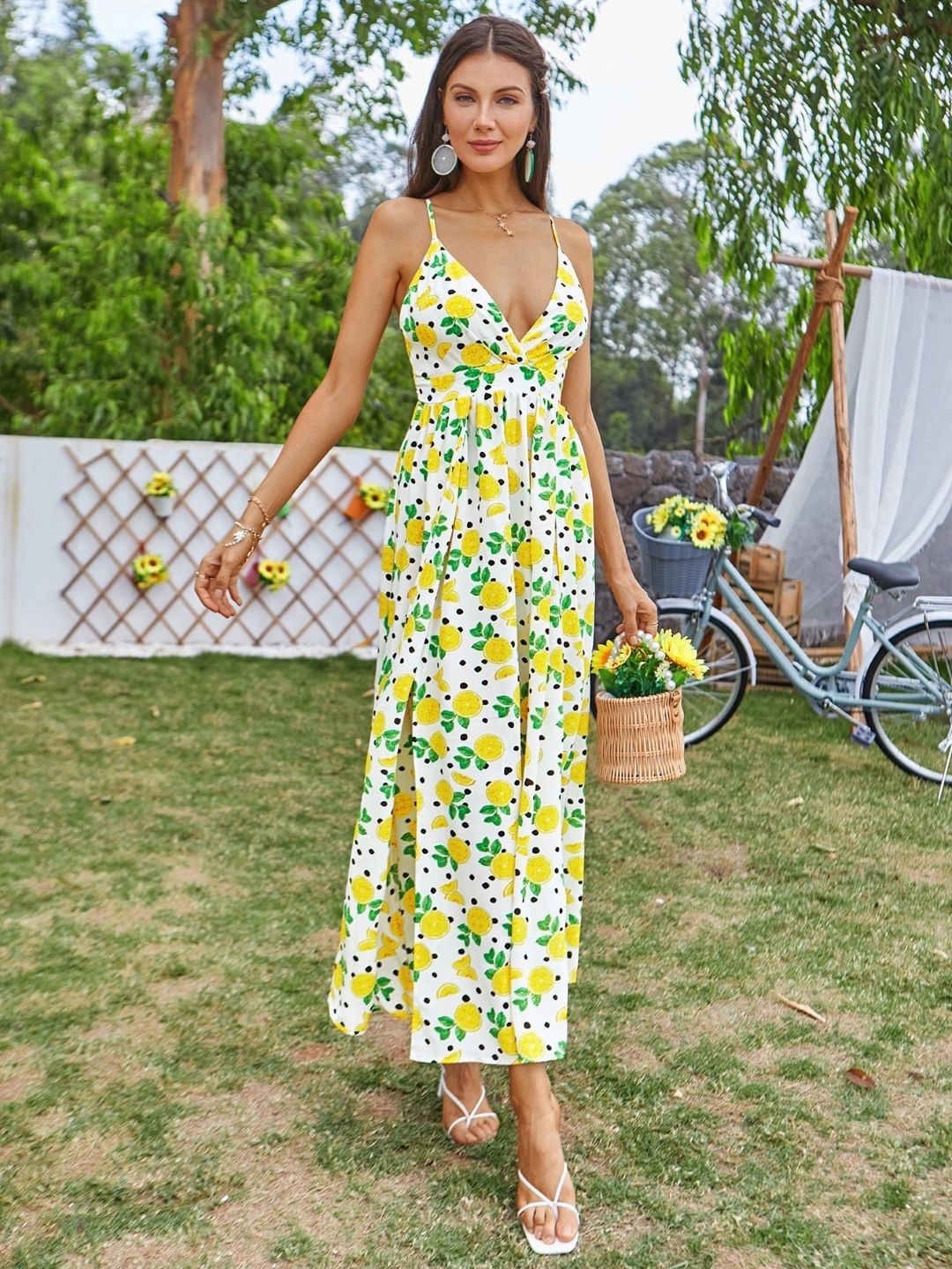 

KPOP Women Shoulder Straps Floral Print Maxi Dress, Yellow