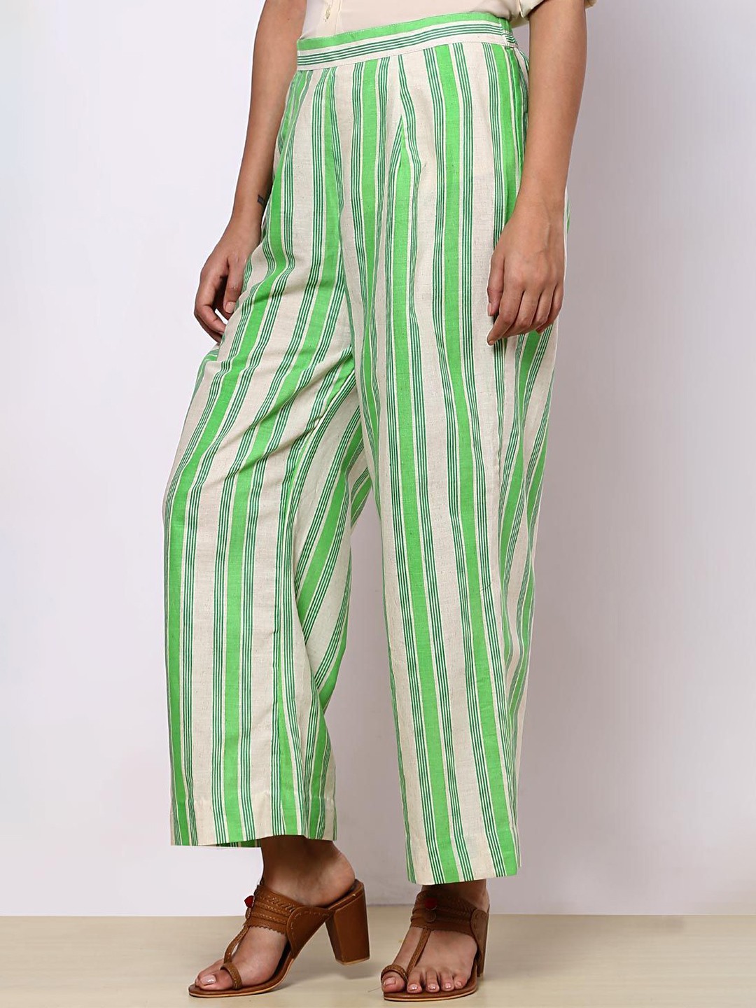 

KHUSHBOO AND PANKAJ Women Striped Flared Handloom Palazzos, Green