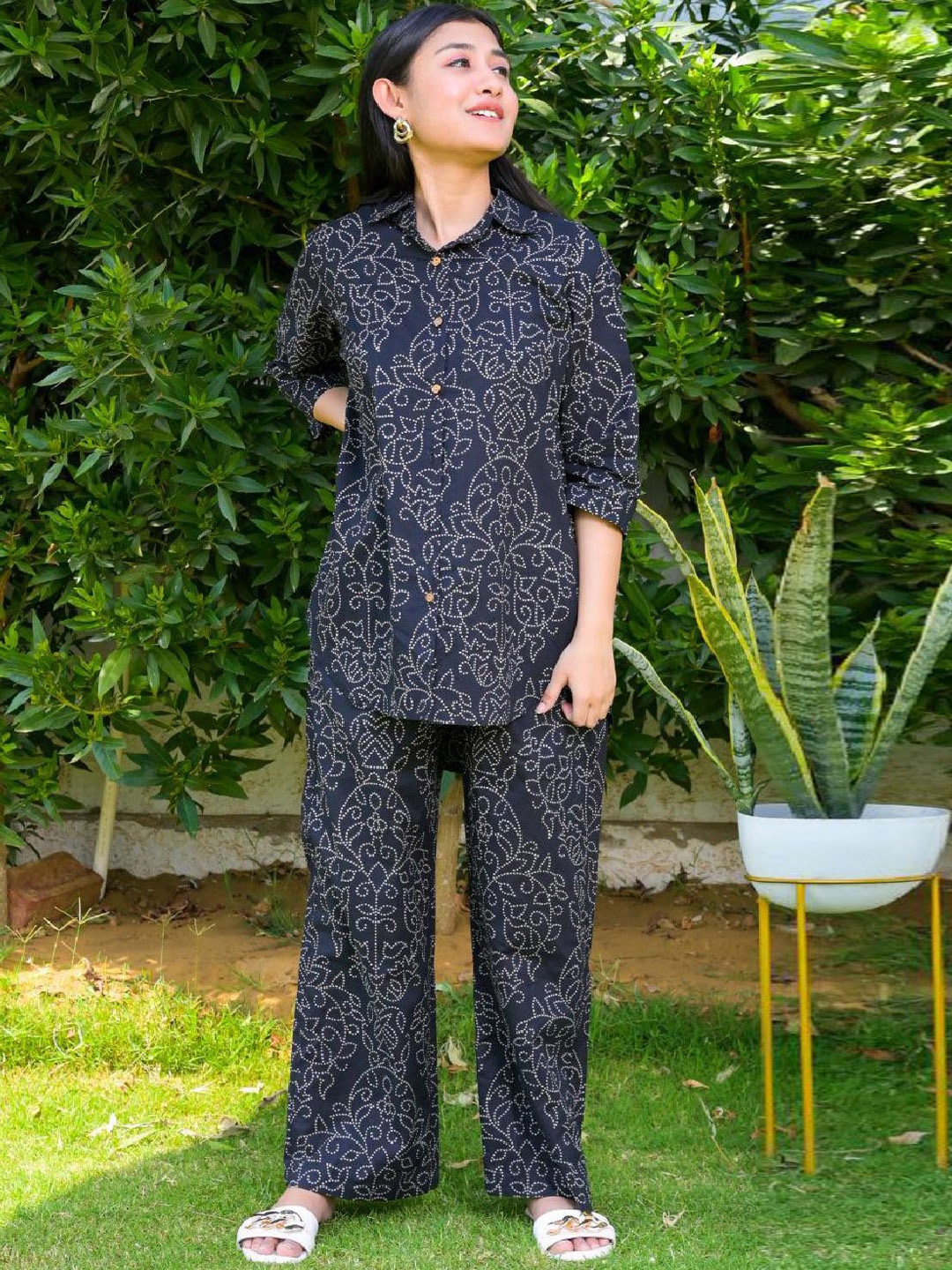 

Coordnord Printed Pure Cotton Three Quarter Sleeve Shirt & Trouser Co-Ords, Black