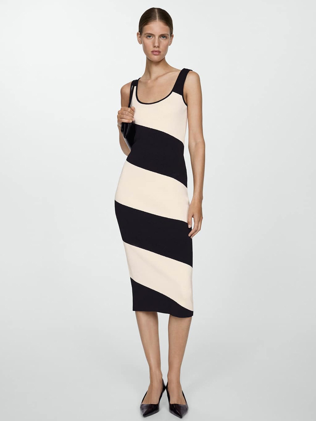 

MANGO Striped Bodycon Midi Dress, Black