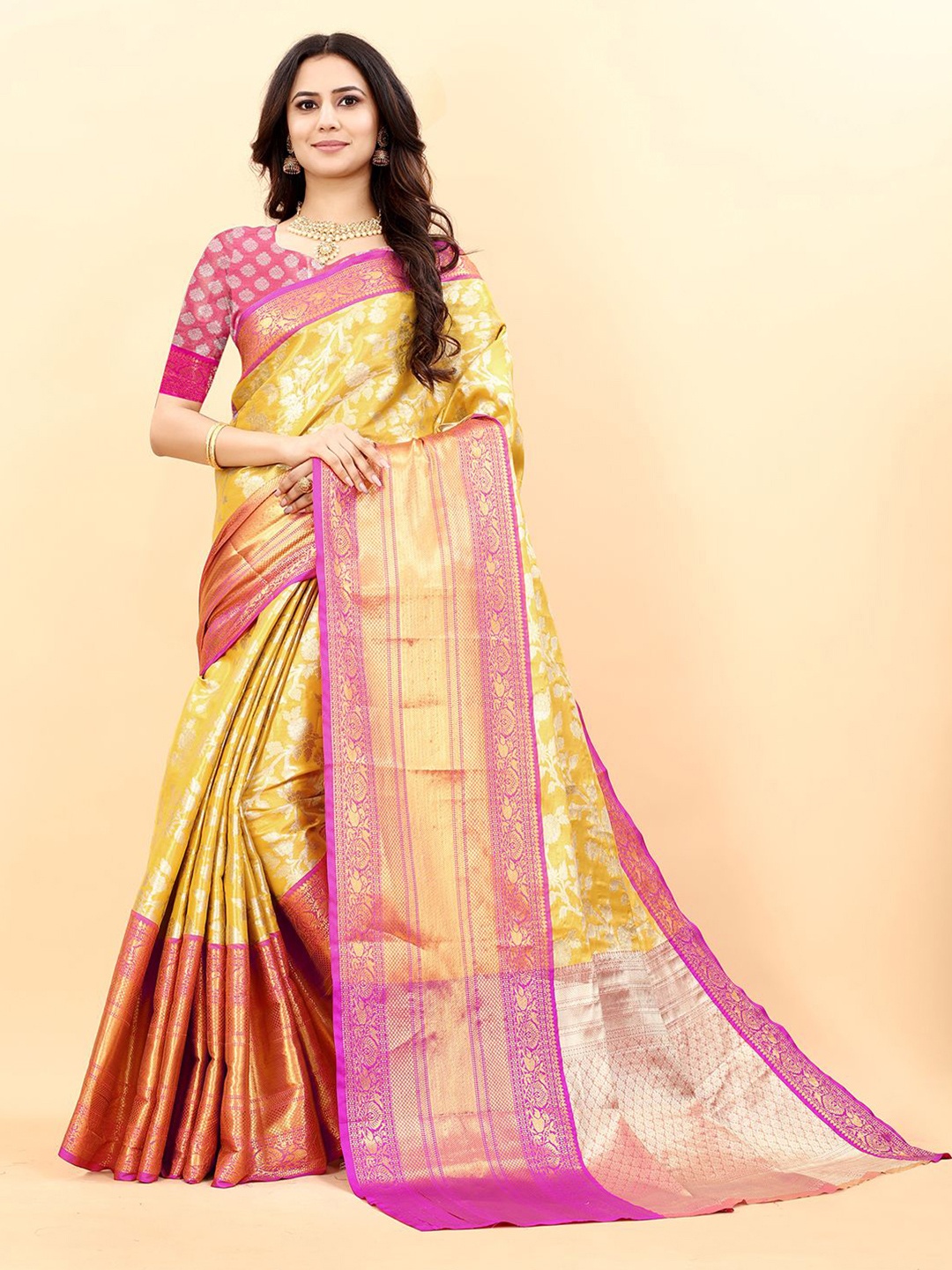 

NIWAA Woven Design Printed Zari Pure Silk Tussar Celebrity Saree, Yellow