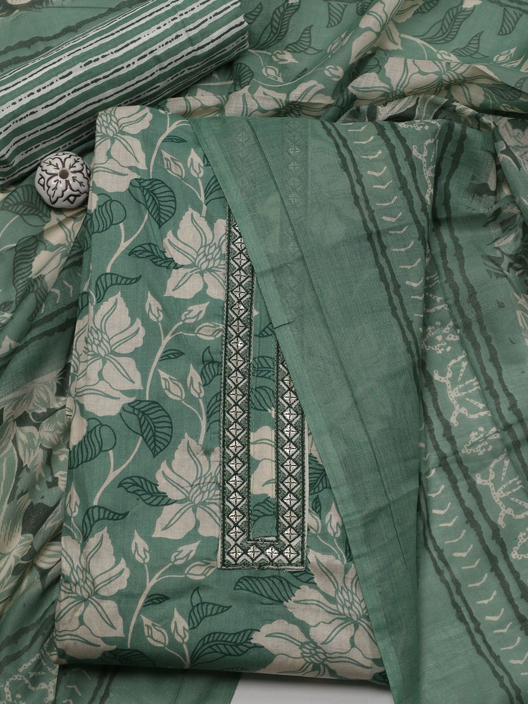 

Meena Bazaar Floral Printed Unstitched Dress Material, Green