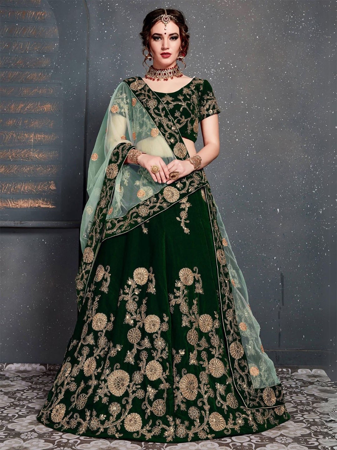 

ODETTE Floral Embroidered Thread Work Velvet Semi-Stitched Lehenga & Blouse With Dupatta, Green