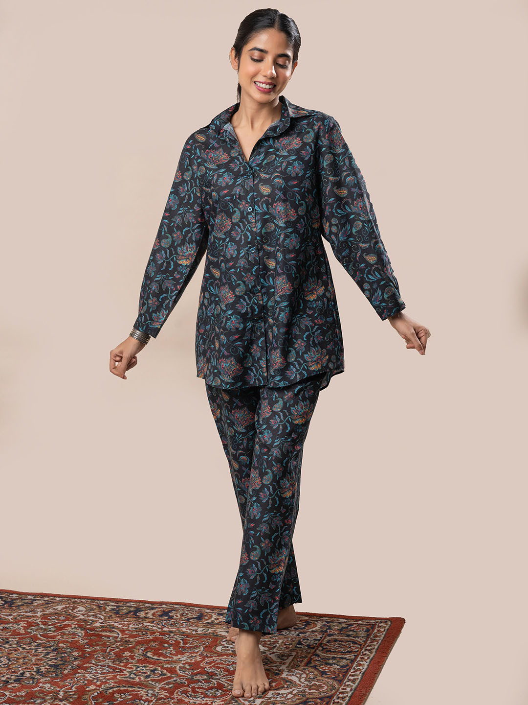 

GULABOSITABO Floral Printed Pure Cotton Shirt With Trousers, Black