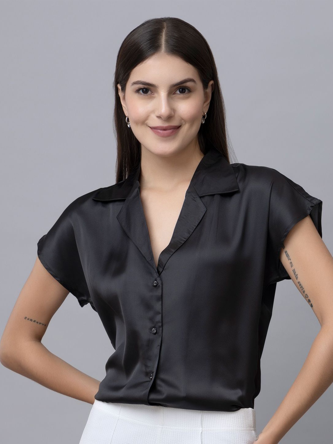 

PURYS WORKSPACE Women Classic Cuban Collar Solid Formal Shirt, Black