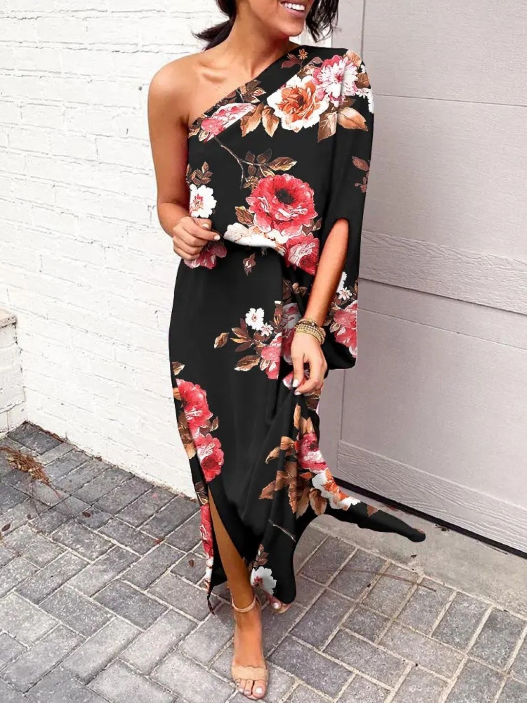 

KPOP Women Floral Print One Shoulder A-Line Maxi Dress, Black