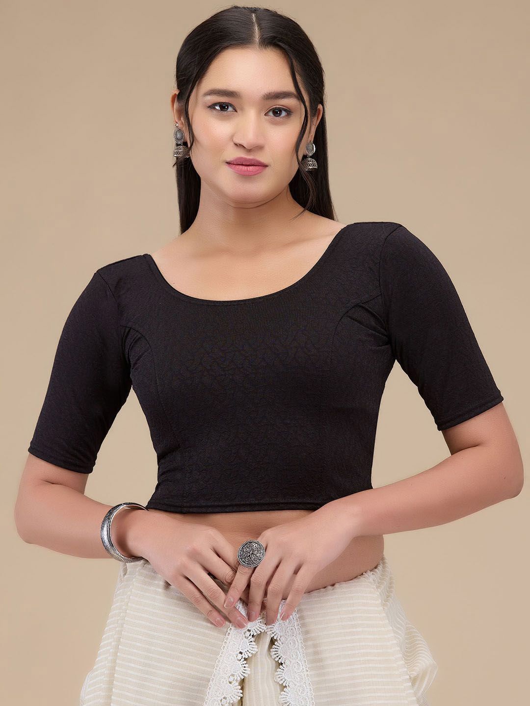 

Mmore Self-Design Non Padded Stretchable Saree Blouse, Black