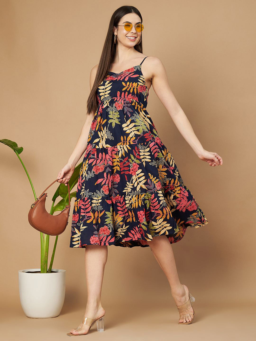 

KALINI Floral Printed A-Line Midi Cotton Dress, Navy blue