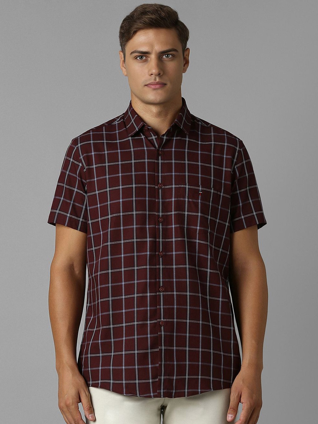 

Louis Philippe Sport Men Spread Collar Tartan Checked Cotton Slim Fit Casual Shirt, Maroon