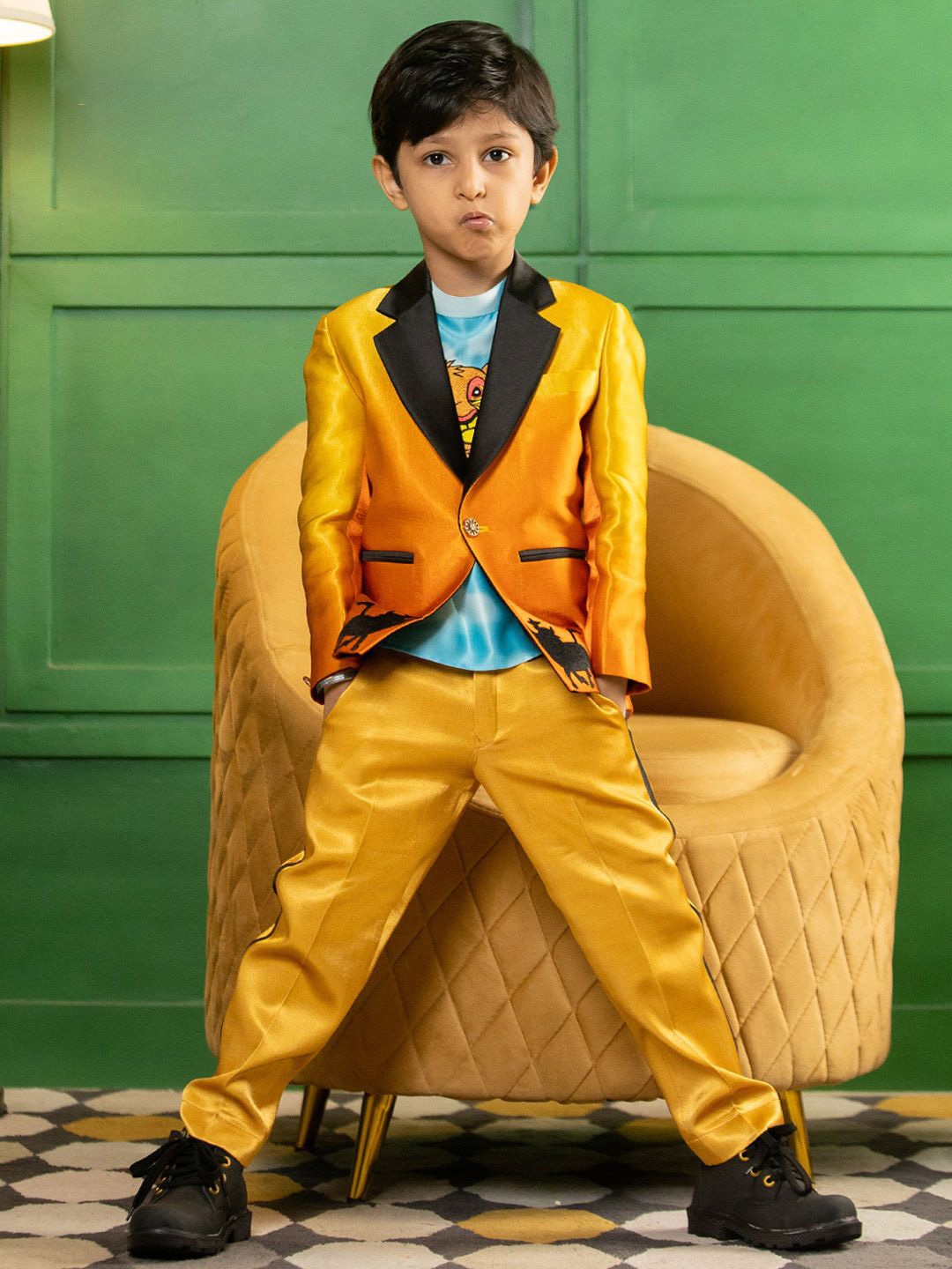 

BAYA COUTURE Boys Notch Lapel Collar Simba Party Blazer With Trousers & Shirt, Yellow