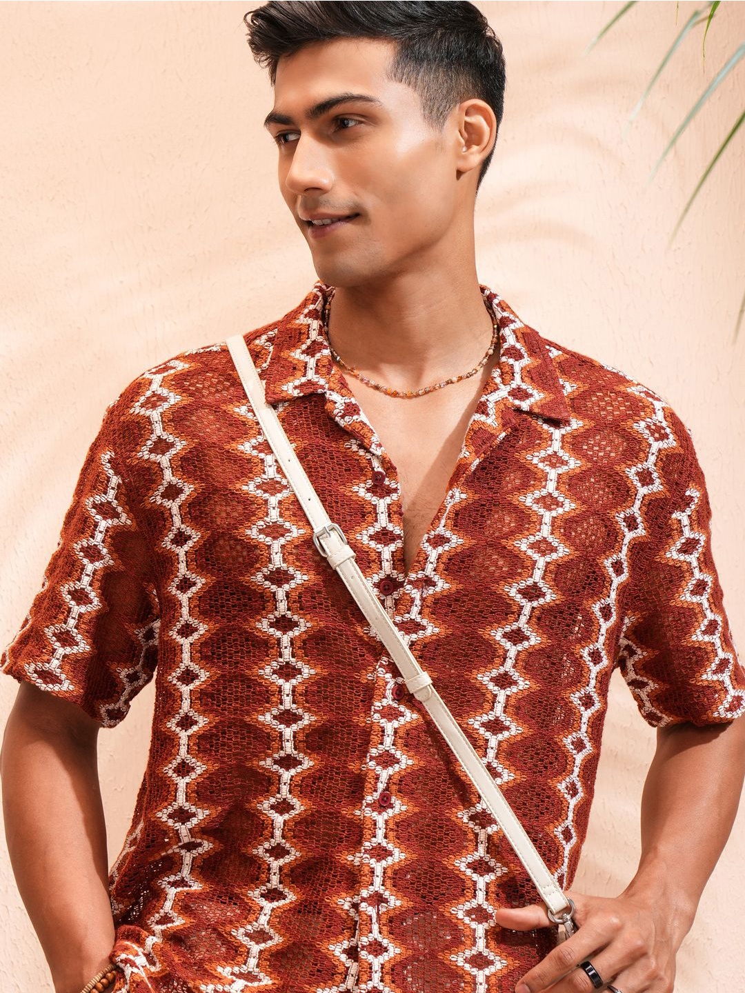 

Highlander Men Crochet Cuban Collar Relaxed Shirt, Rust