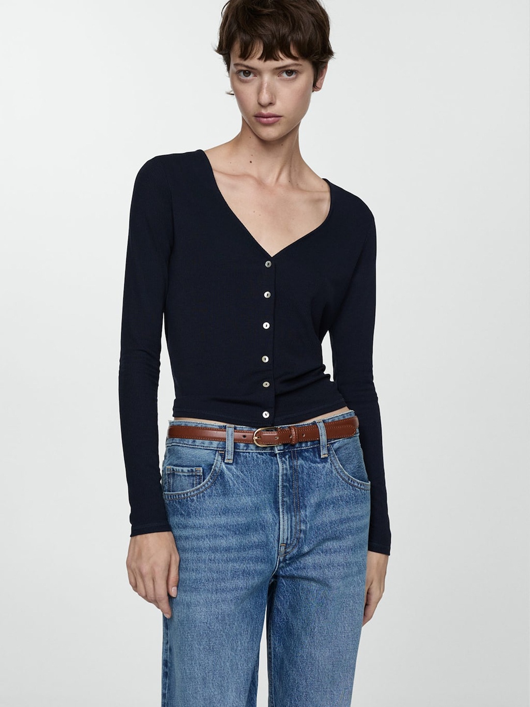 

MANGO V-Neck Ribbed Top, Black