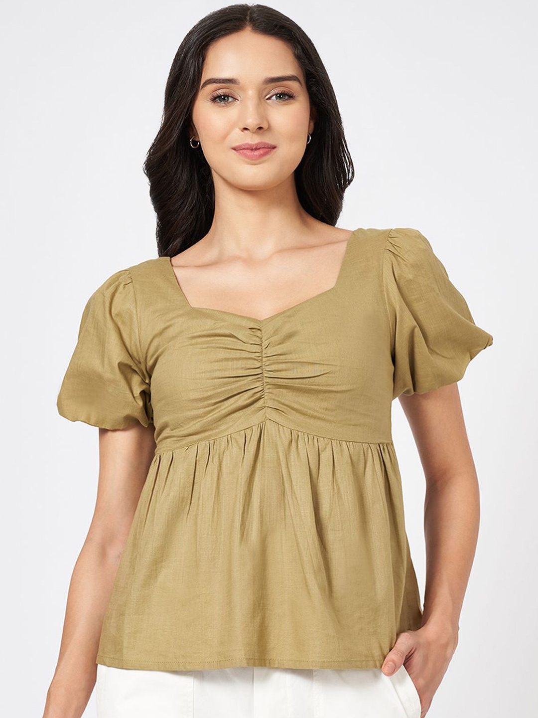 

Honey by Pantaloons Women Solid Sweetheart Neck Cotton Top, Olive