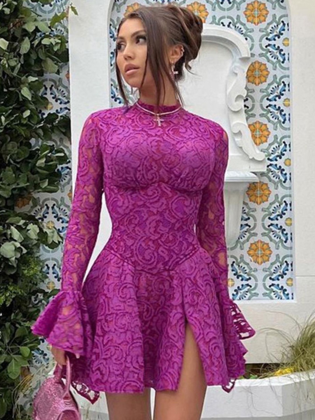 

KPOP Women High Neck Self Design Bell Sleeve Bodycon Mini Dress, Purple