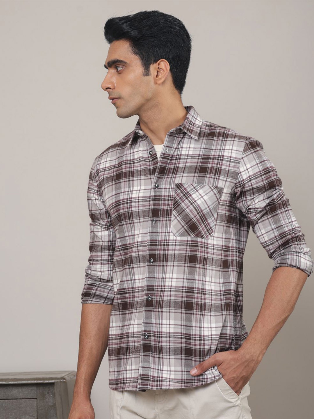 

SUBTRACT Men Spread Collar Tartan Checked Cotton Casual Shirt, Burgundy