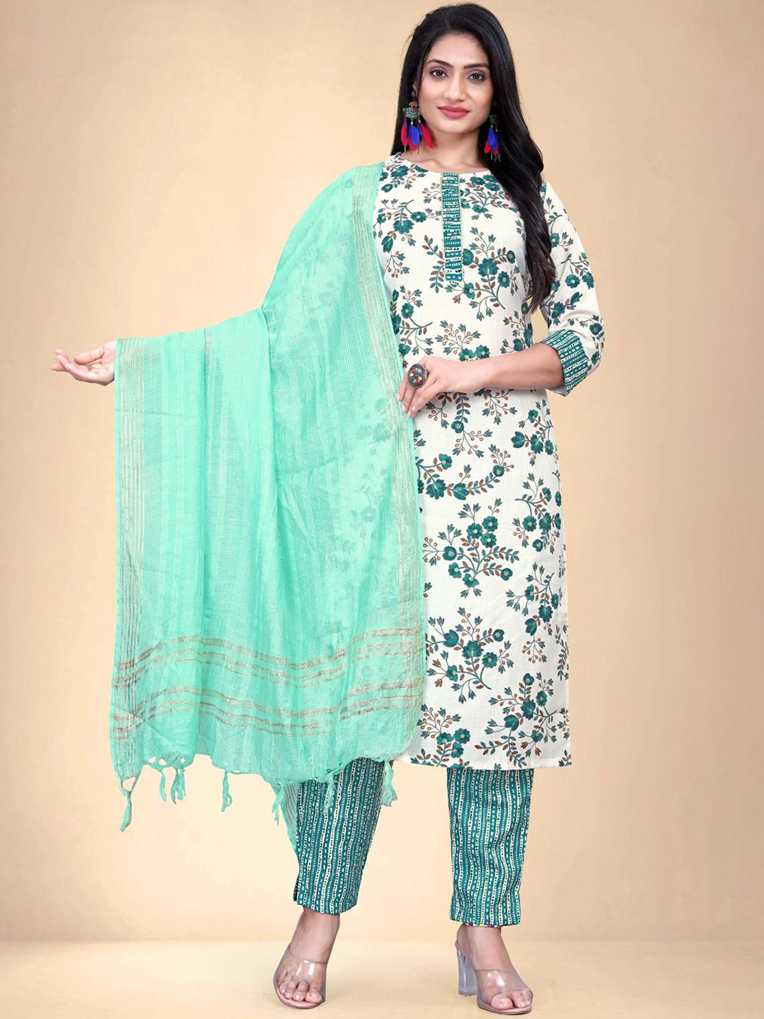 

Abhilasha Women Floral Printed Regular Kurta with Trousers & With Dupatta, Cream