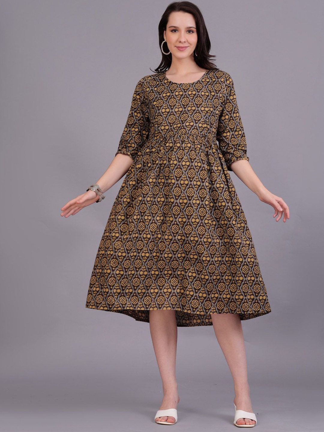 

BAESD Women Ethnic Motifs Print Maternity Fit & Flare Dress, Bronze