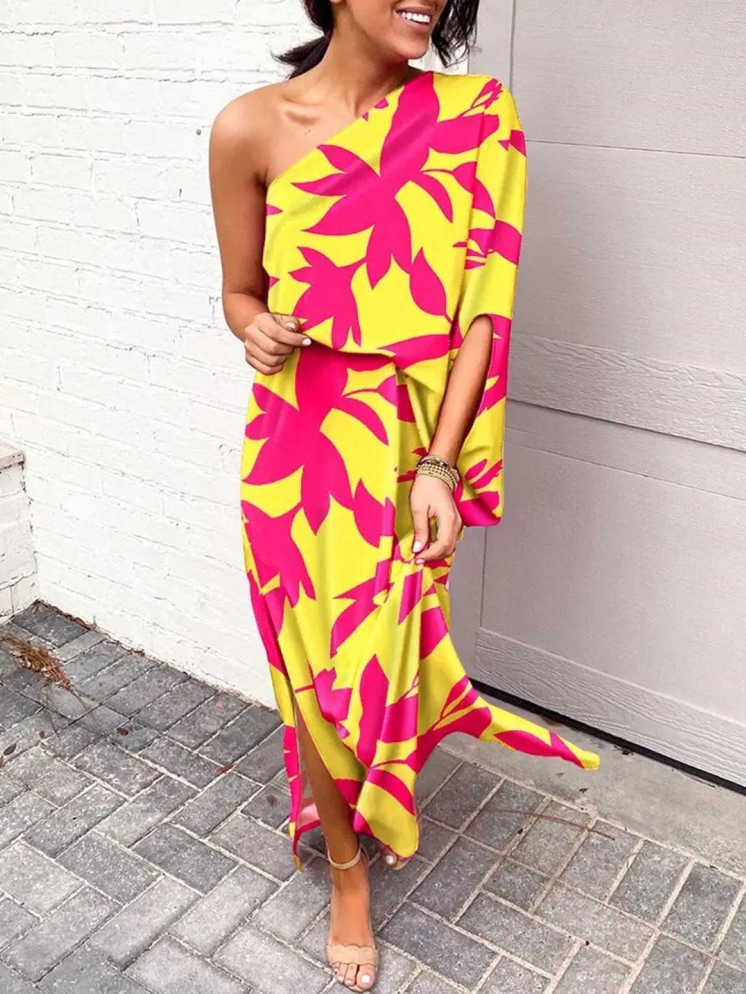 

KPOP Floral Printed One Shoulder A-Line Maxi Dress, Yellow