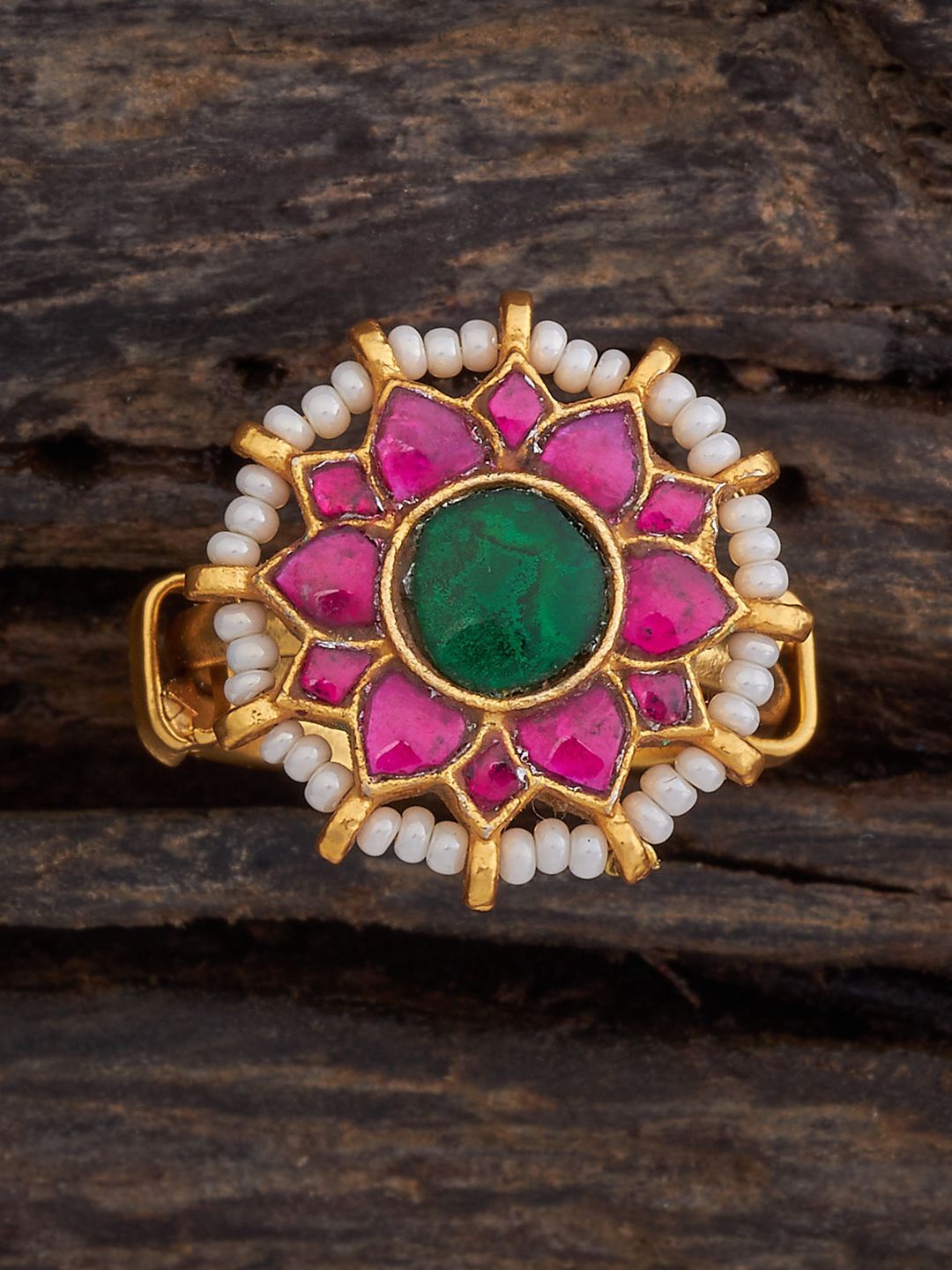 

Kushal's Fashion Jewellery Gold-Plated Ruby Studded & Beaded Finger Ring