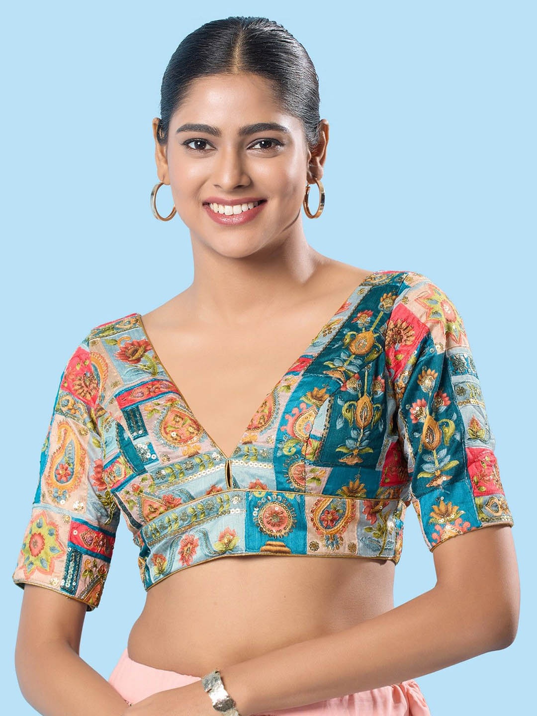 

Mmore Embroidered Padded Saree Blouse, Blue