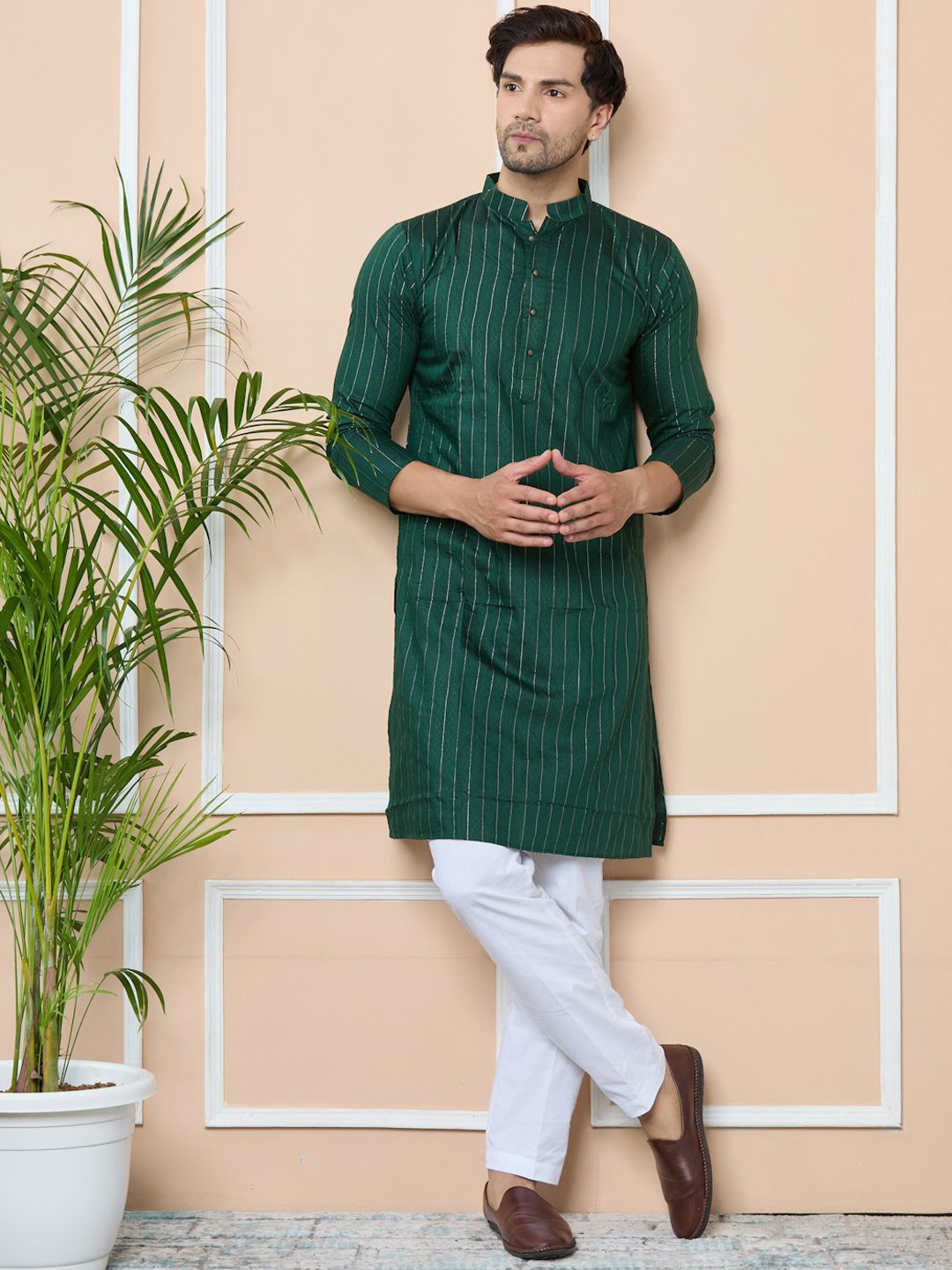 

See Designs Men Striped Regular Kurta with Pyjamas, Green