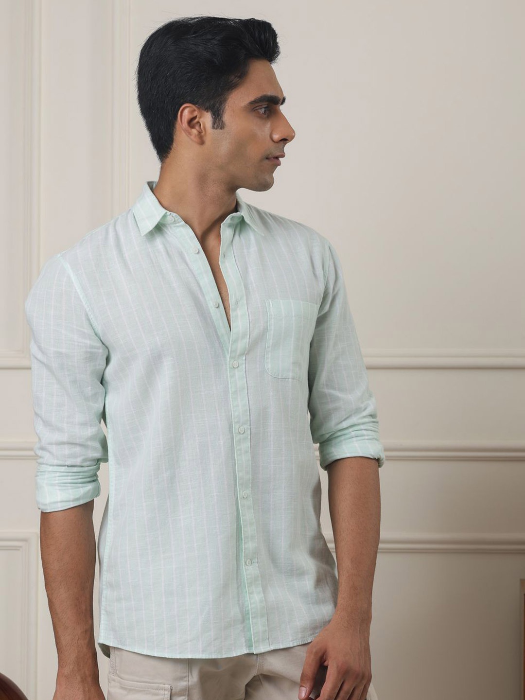 

SUBTRACT Men Spread Collar Vertical Striped Cotton Casual Shirt, Green