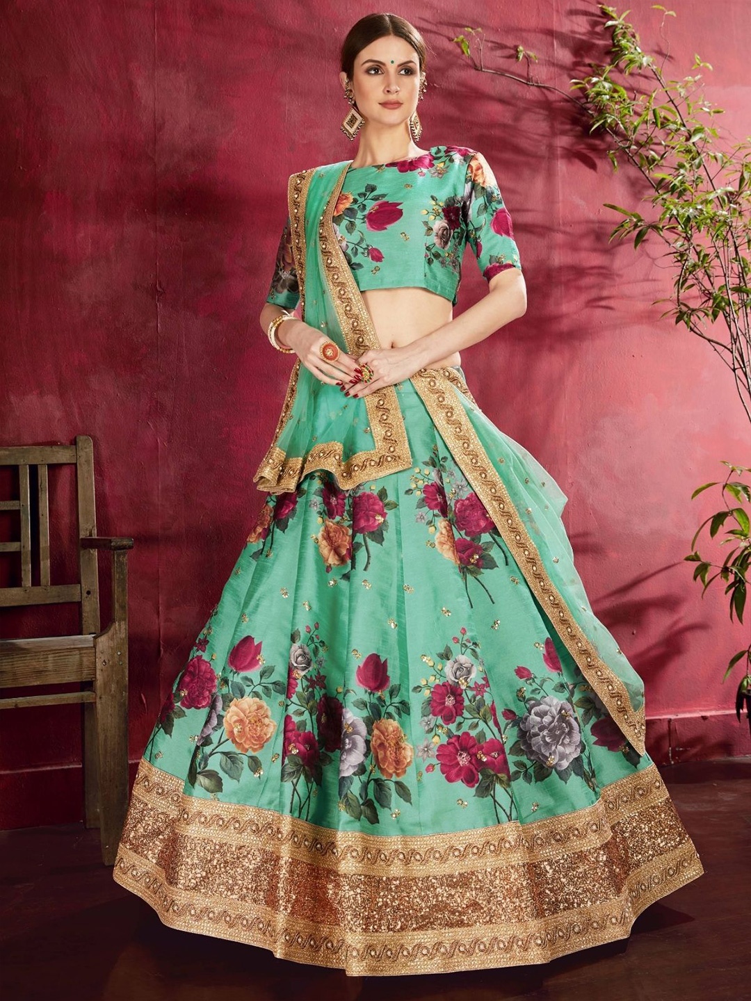 

ODETTE Printed Semi-Stitched Lehenga & Blouse With Dupatta, Teal